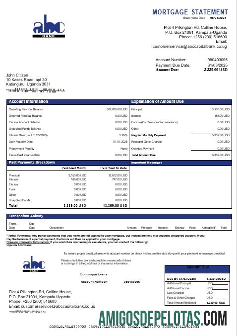 Declaração de hipoteca do Banco ABC de Uganda em Uganda em formatos Word e PDF exemplo real